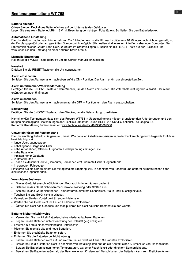 Page 1 de la notice Manuel utilisateur Techno Line WT 758