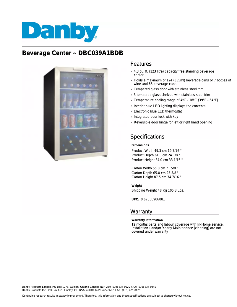 Page 1 de la notice Fiche technique Danby DBC039A1BDB