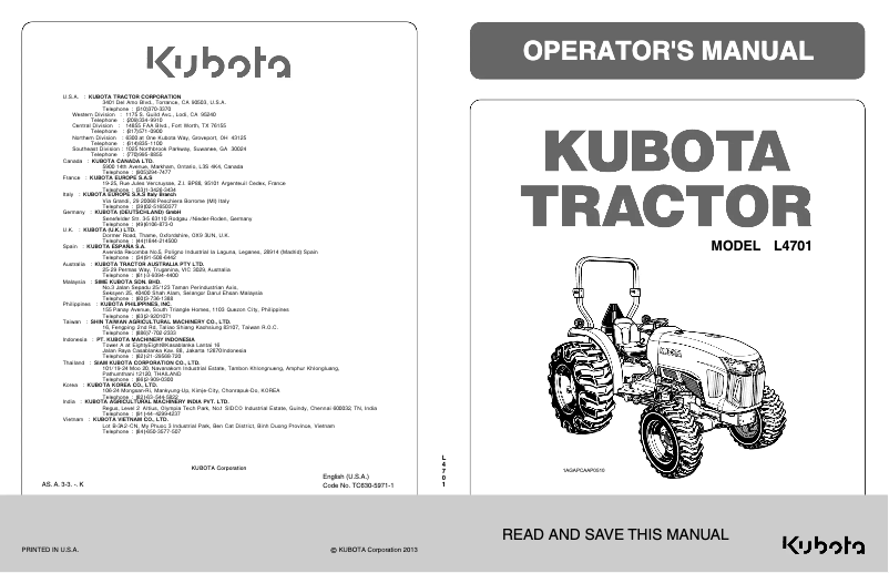 Page 1 de la notice Manuel utilisateur Kubota L4701DTRC