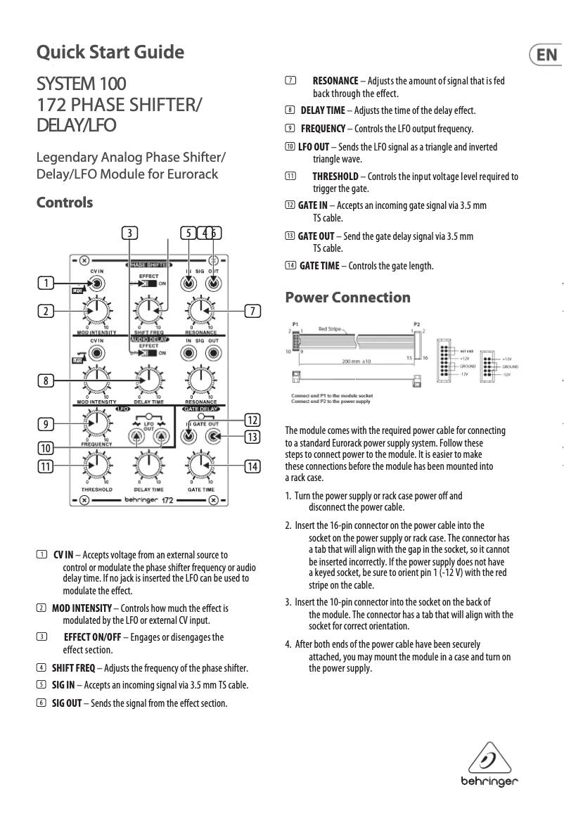 Page 1 de la notice Manuel utilisateur Behringer System 100 172 Phase Shifter/Delay/LFO