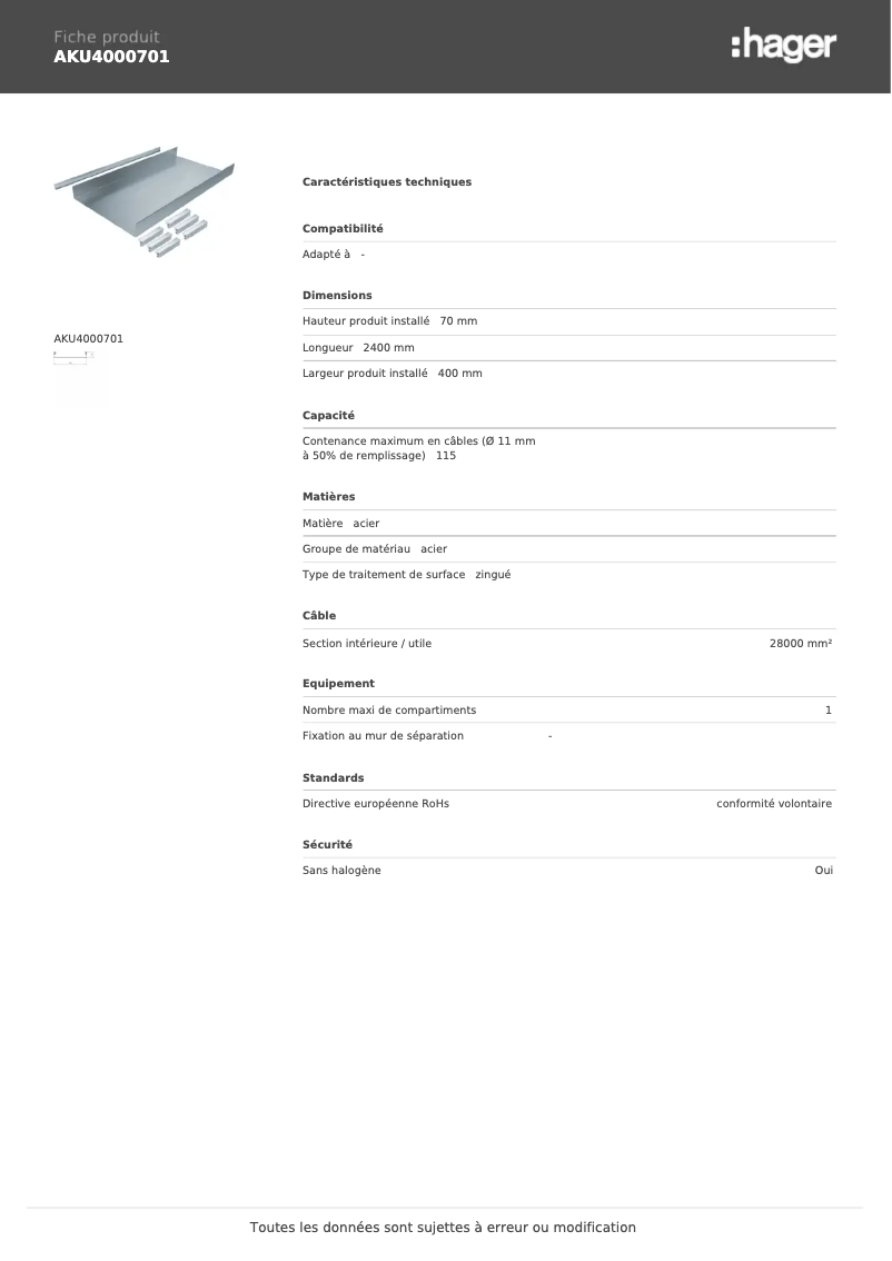 Page 1 de la notice Fiche technique Hager AKU4000701