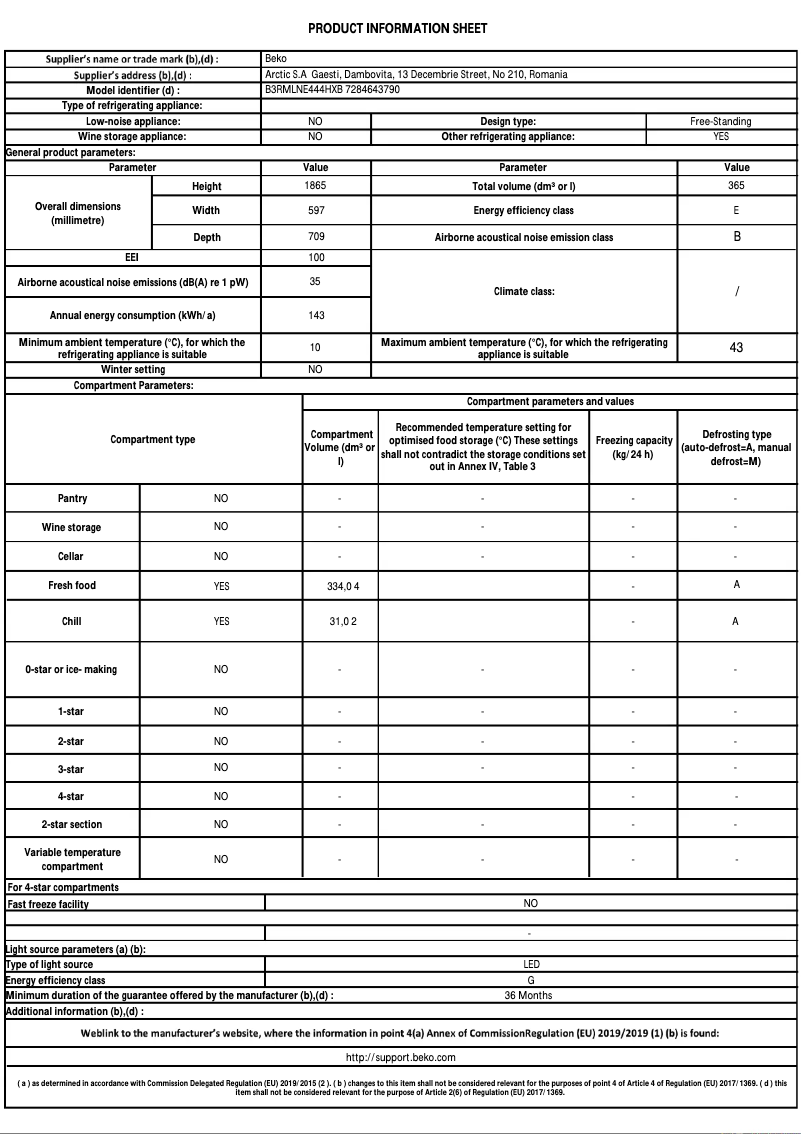 Page 1 de la notice Fiche technique Beko B3RMLNE444HXB