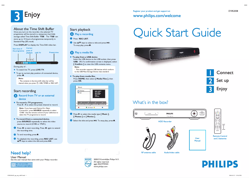 Page 1 de la notice Guide de démarrage rapide Philips DVR2008