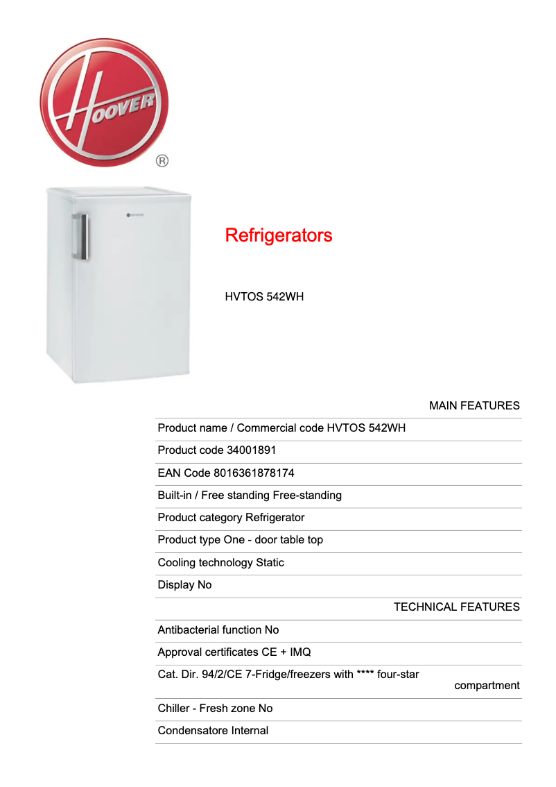 Page 1 de la notice Manuel utilisateur Hoover VISION HVTOS 542WH