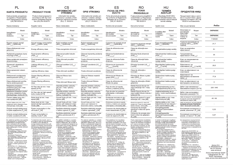 Page 1 de la notice Fiche technique Amica OKP6659C
