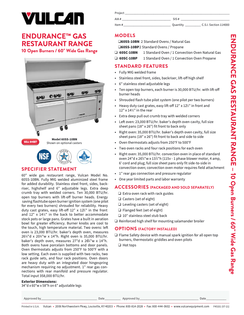 Page 1 de la notice Fiche technique Vulcan 60SS-10B