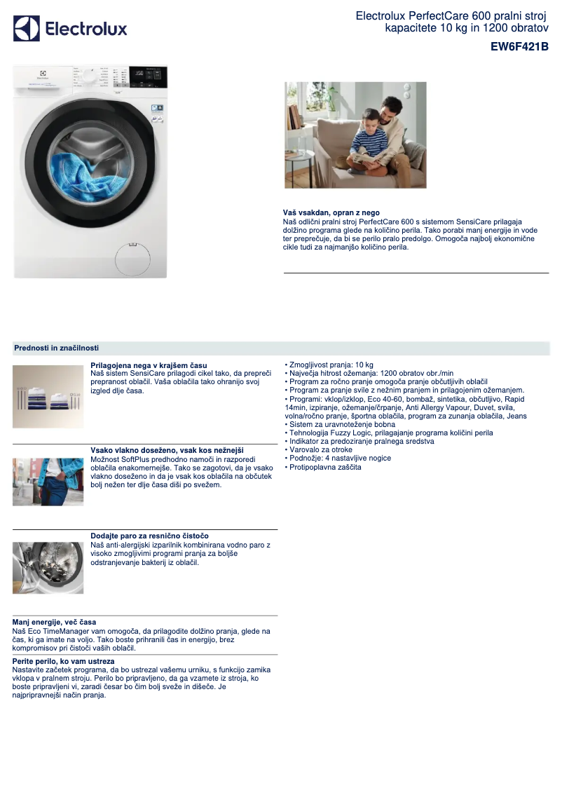 Page 1 de la notice Fiche technique Electrolux EW6F421B