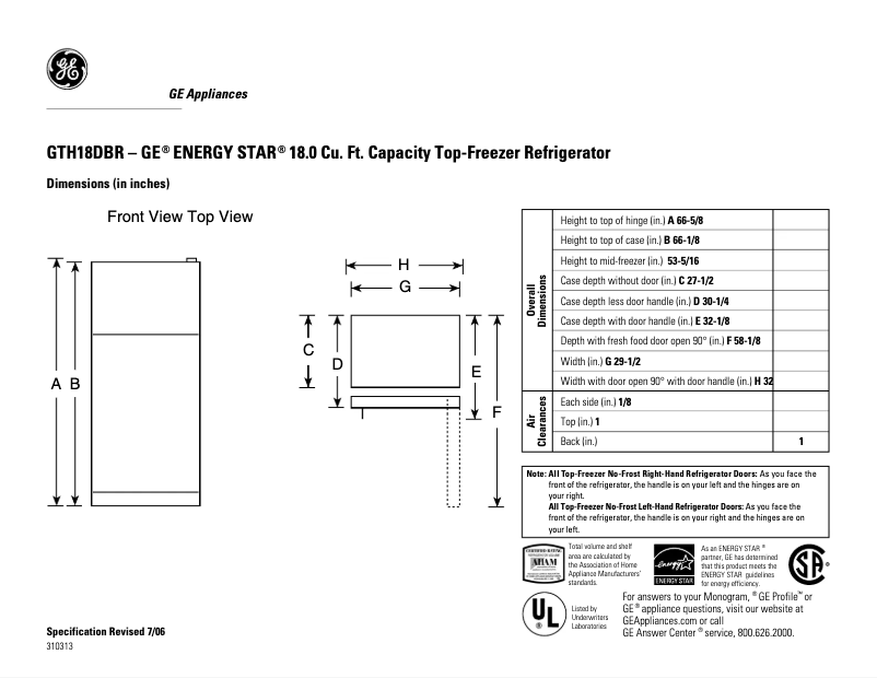 Page 1 of the manual Technical Sheet GE GTH18DBRRWW