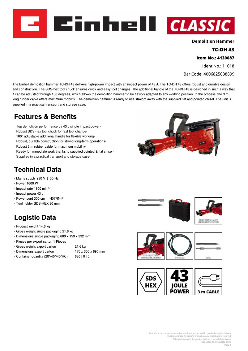 Page 1 of the manual Technical Sheet Einhell TC-DH 43