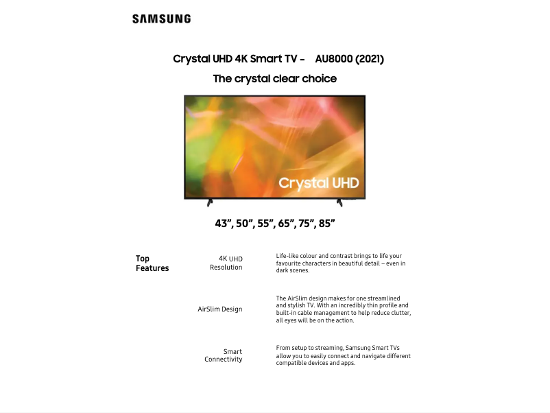 Page 1 de la notice Fiche technique Samsung UA75AU8000W