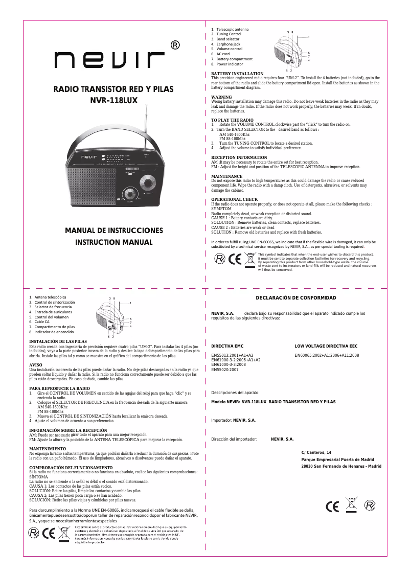 Page 1 de la notice Manuel utilisateur Nevir NVR118