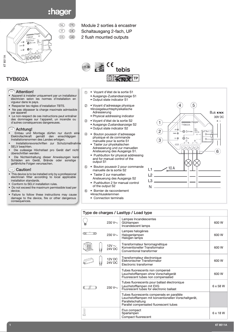 Page 1 de la notice Manuel utilisateur Hager TYB602A