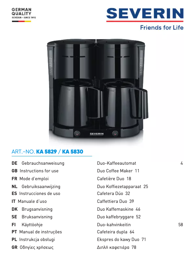 Page 1 de la notice Manuel utilisateur Severin KA 5830