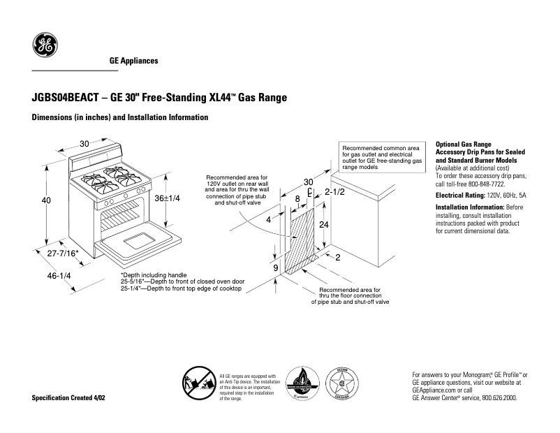 Page 1 de la notice Fiche technique GE JGBS04BEACT