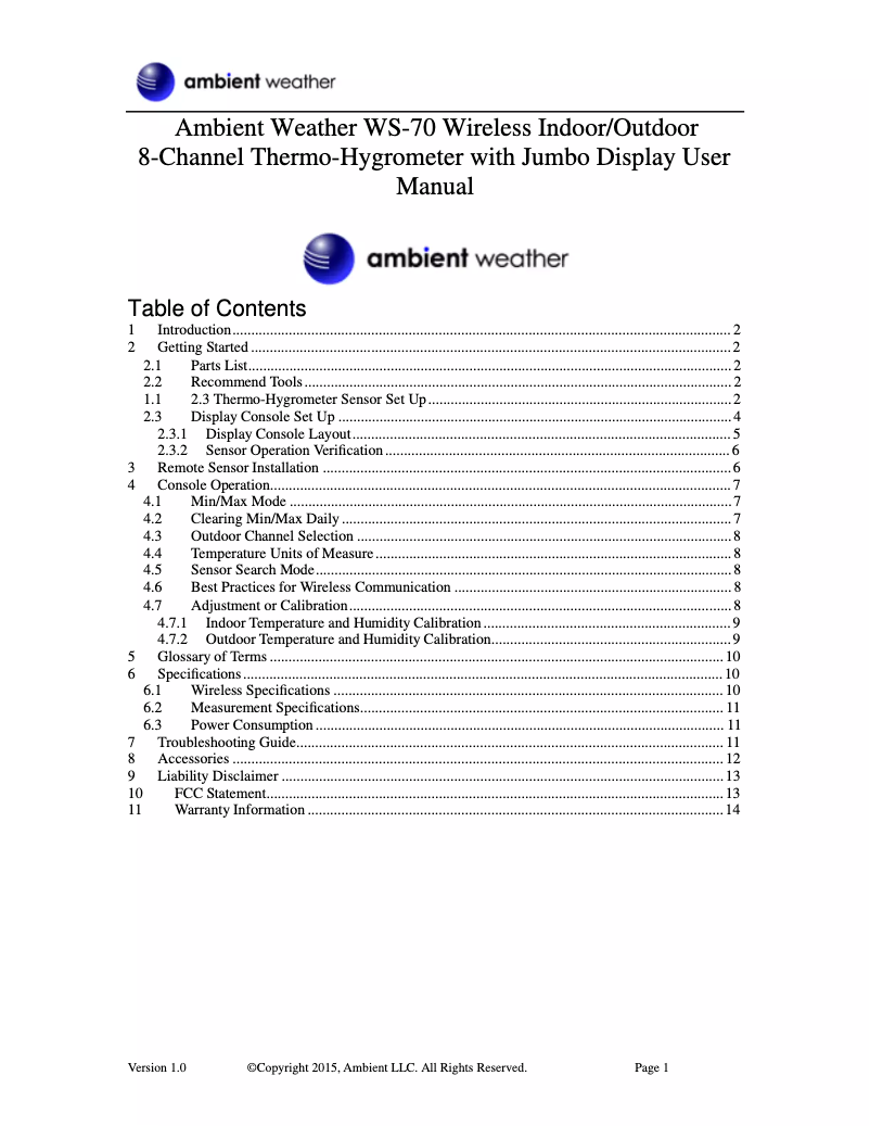 Page 1 de la notice Manuel utilisateur Ambient Weather WS-70