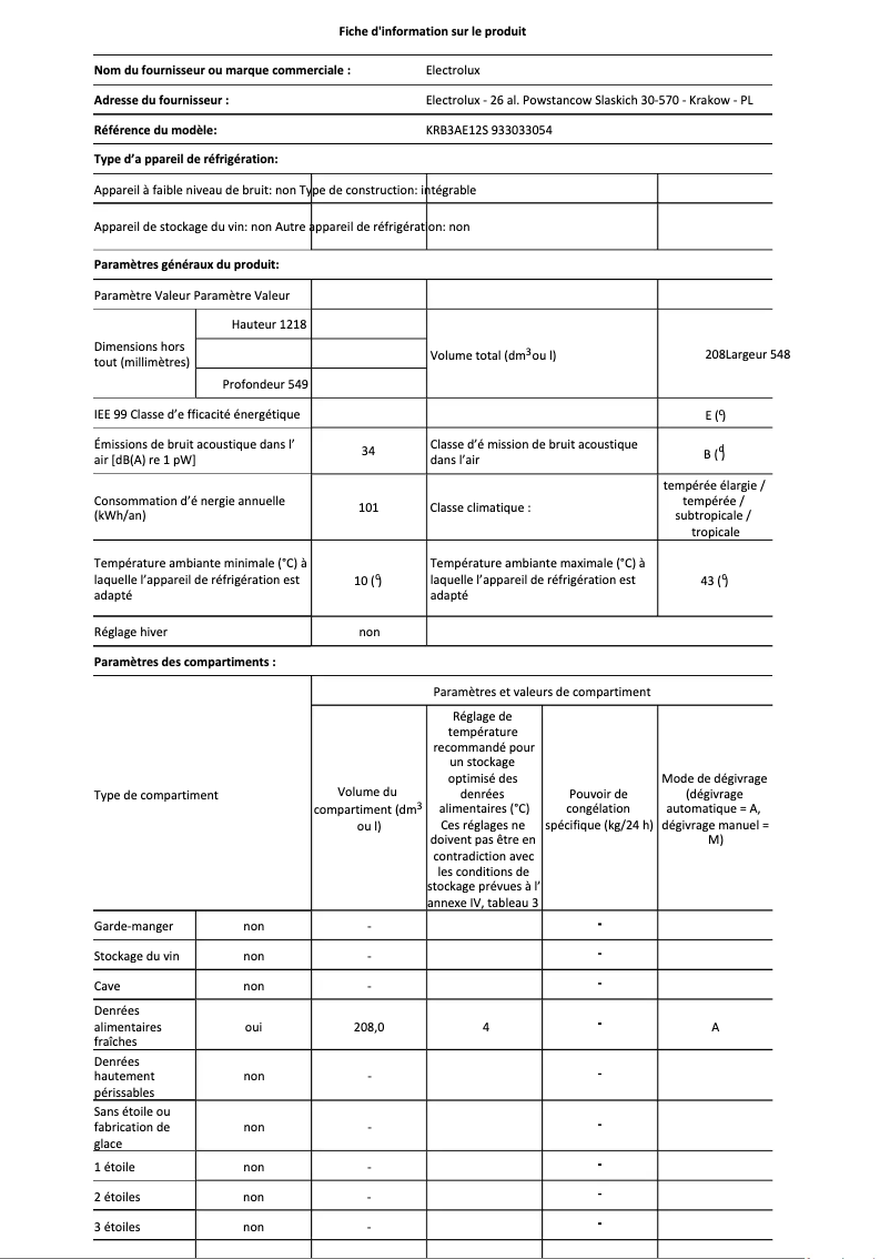 Página 1 del manual Ficha técnica Electrolux KRB3AE12S