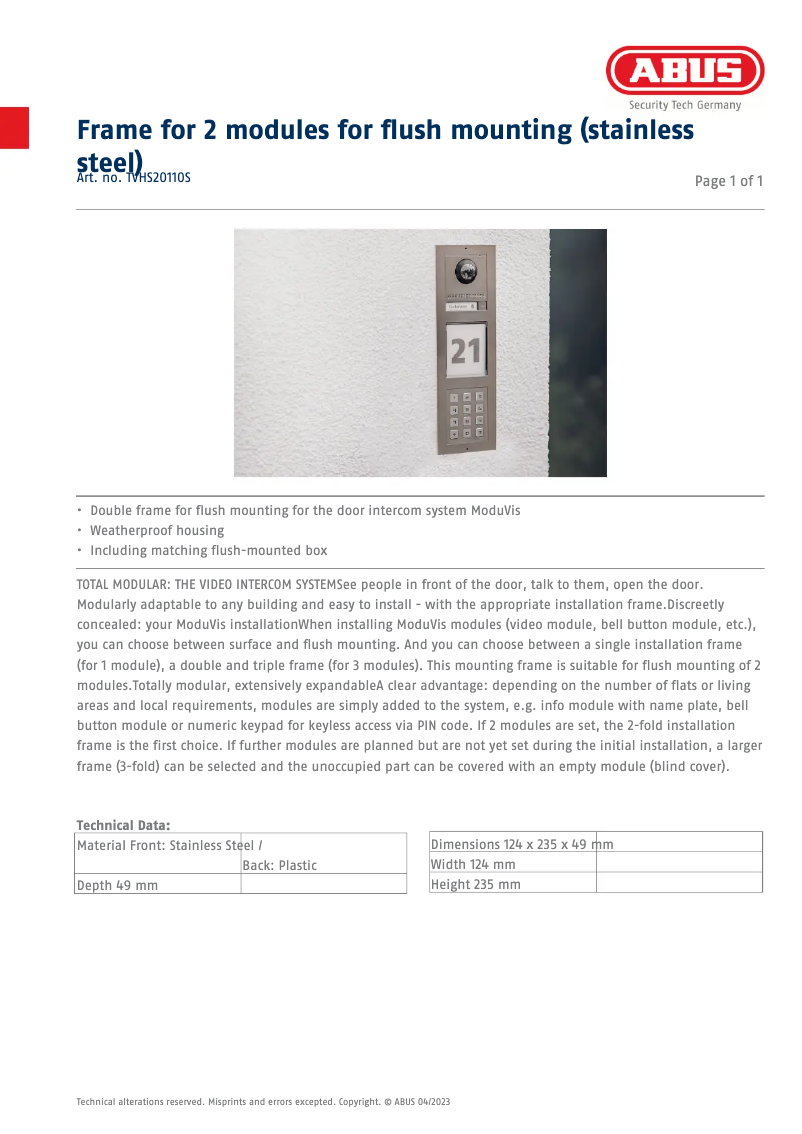 Page 1 de la notice Fiche technique Abus TVHS20110S