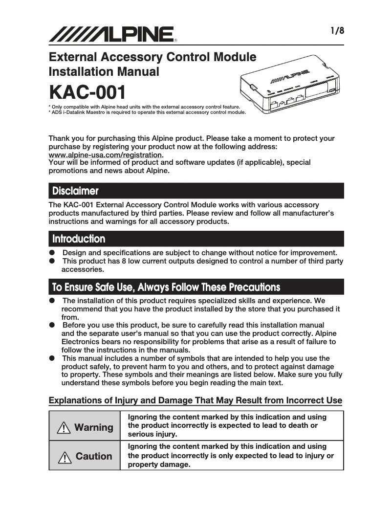 Page 1 de la notice Manuel utilisateur Alpine KAC-001