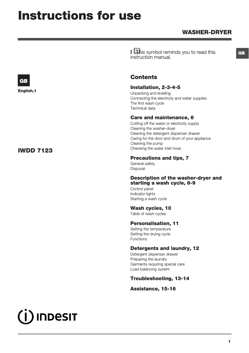 Image de la première page du manuel de l'appareil IWDD 7123 (UK)