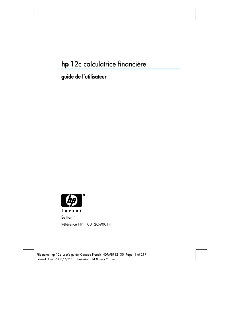 Page 1 de la notice Manuel utilisateur HP 12C