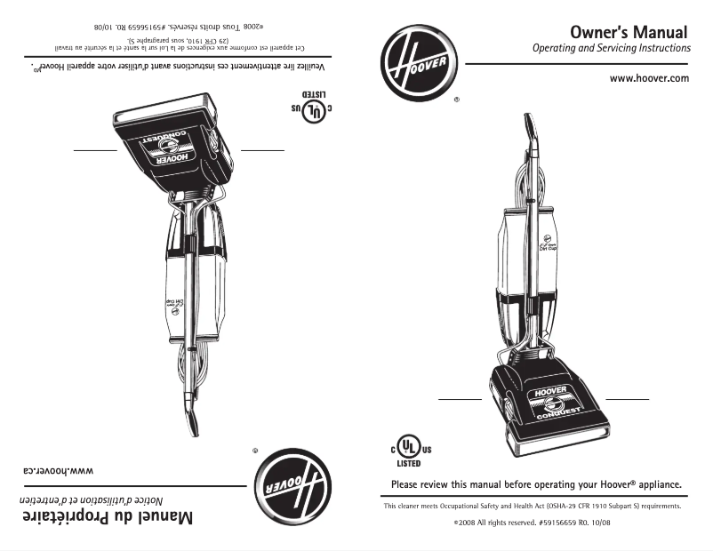Page 1 de la notice Manuel utilisateur Hoover Commercial Conquest C1800
