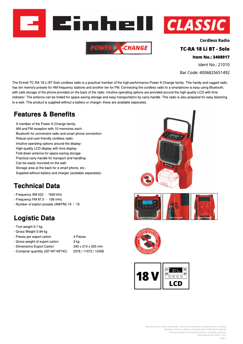 Page 1 de la notice Fiche technique Einhell TC-RA 18 Li BT