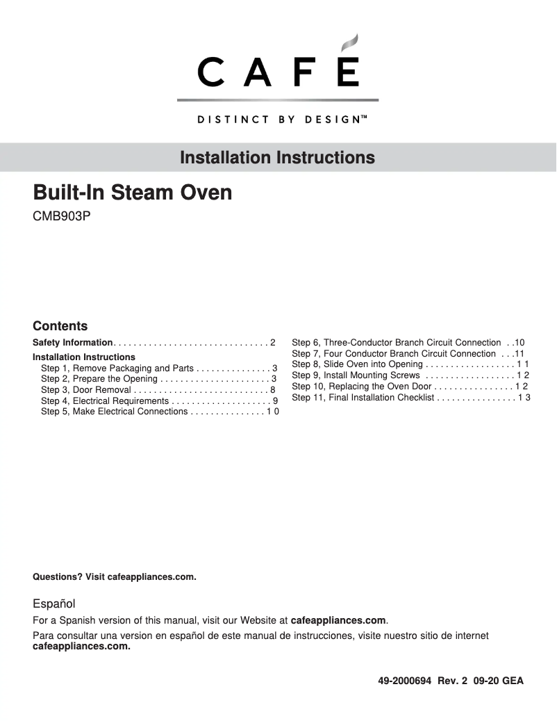 Page n°1 - Guide d'installation GE Café CMB903P2NS1