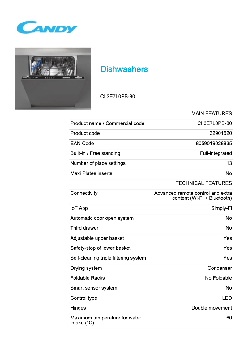 Page 1 de la notice Fiche technique Candy CI 3E7L0PB-80