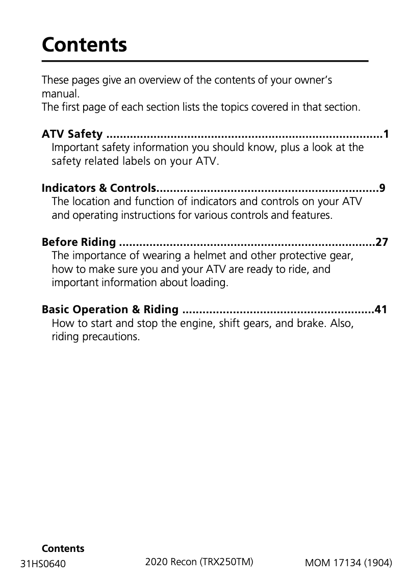 Page 1 de la notice Manuel utilisateur Honda Recon (2020)