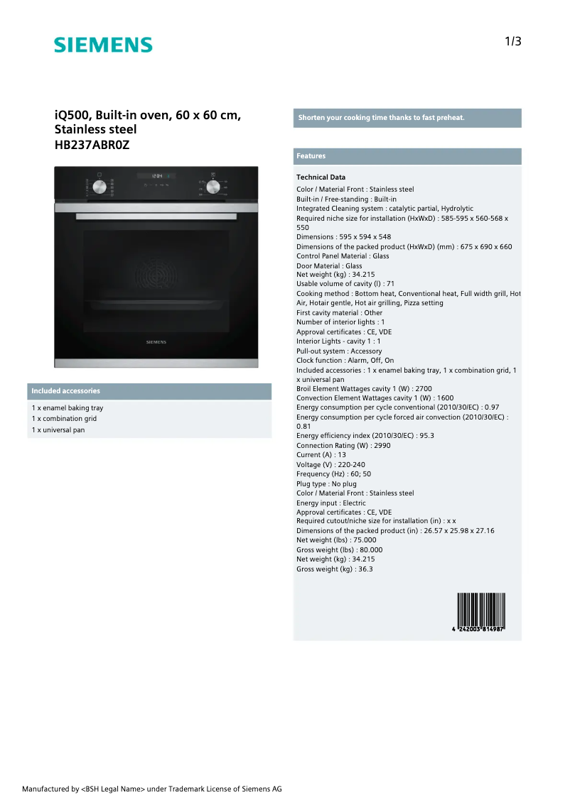 Page 1 de la notice Fiche technique Siemens HB237ABR0Z