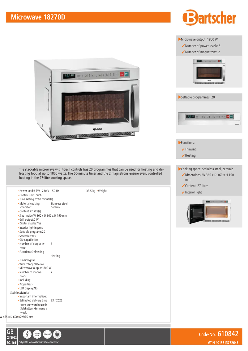 Página 1 del manual Ficha técnica Bartscher 18270D