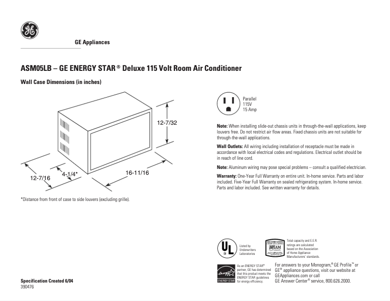 Page 1 de la notice Fiche technique GE ASM05LB