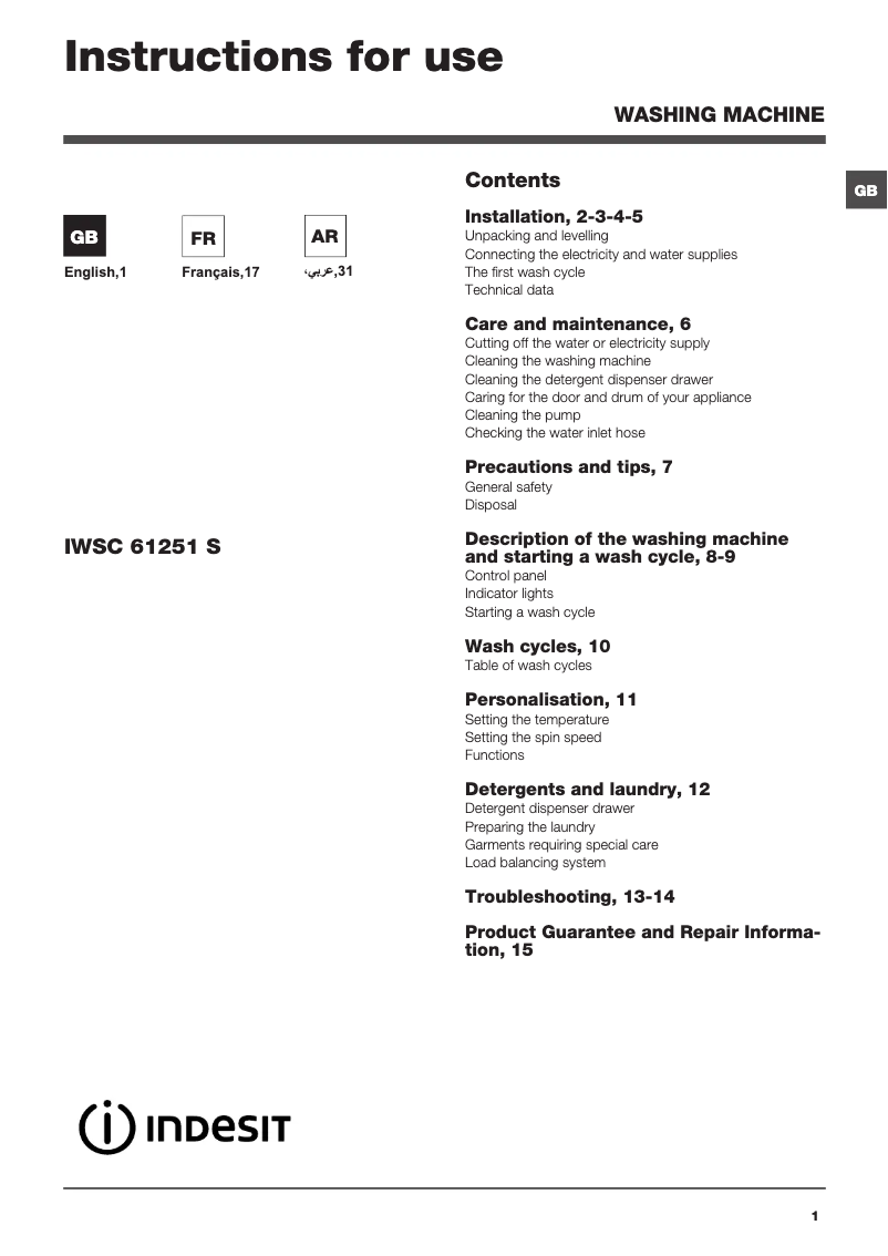 Page 1 de la notice Manuel utilisateur Indesit IWSC 61251 S ECO UK