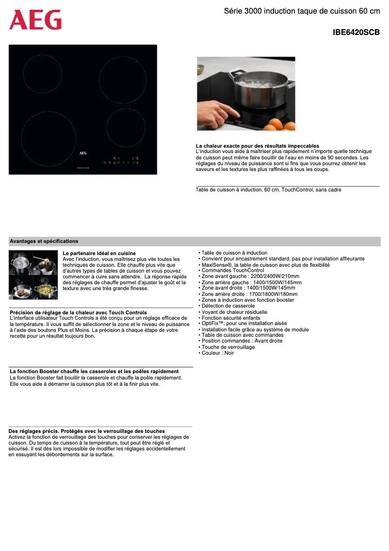 Page 1 de la notice Fiche technique AEG IBE6420SCB