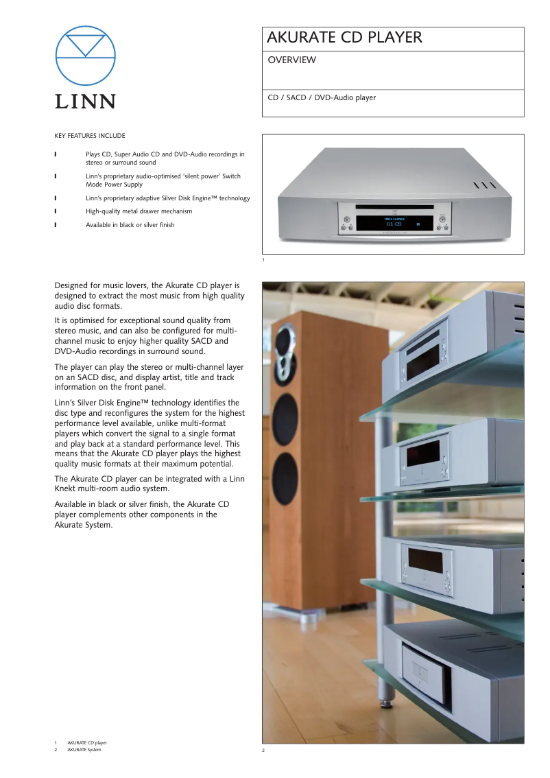 Page 1 de la notice Fiche technique Linn Akurate CD