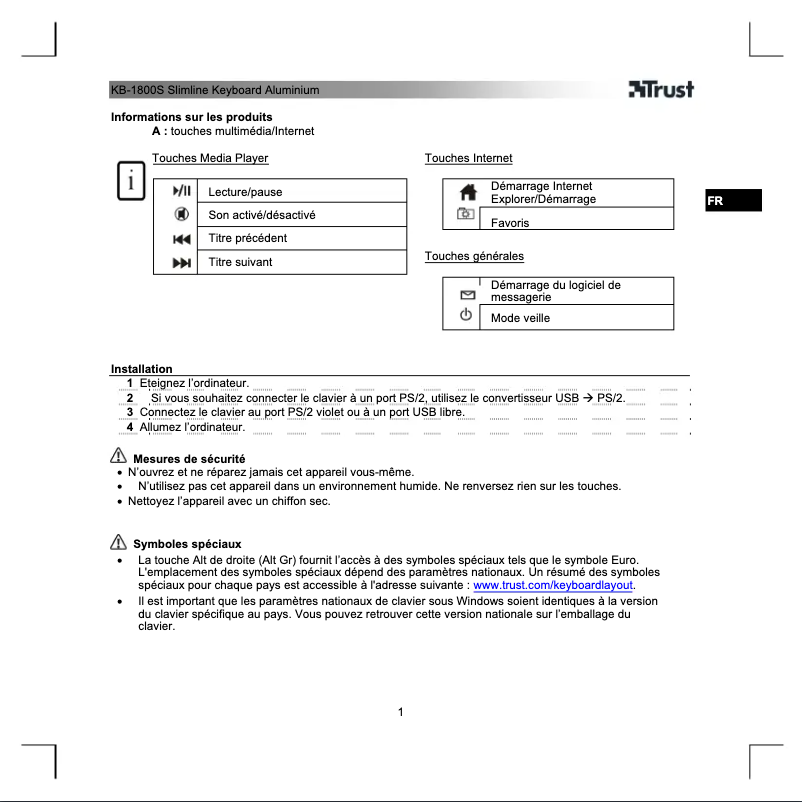 Page 1 de la notice Manuel utilisateur Trust KB-1800S