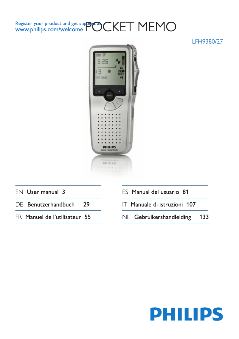Page 1 de la notice Manuel utilisateur Philips Pocket Memo LFH9380