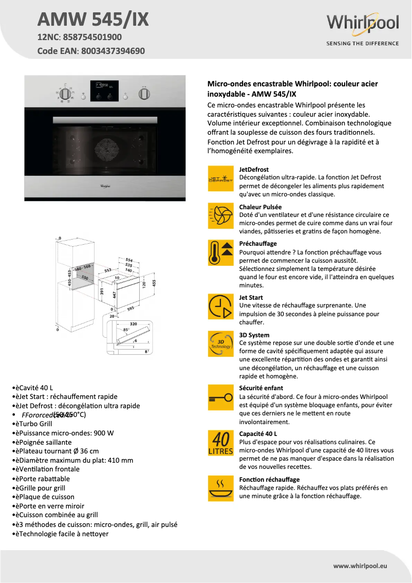 Página 1 del manual Ficha técnica Whirlpool AMW 545