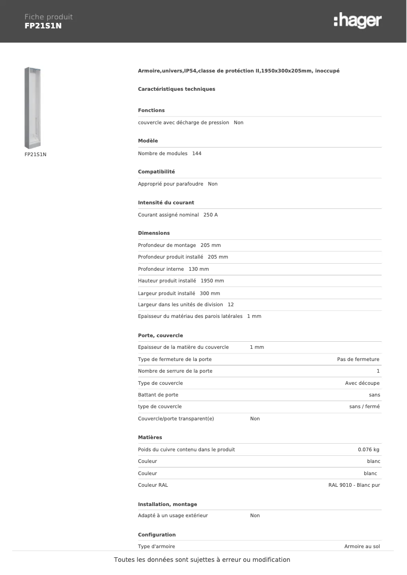 Page 1 de la notice Fiche technique Hager FP21S1N