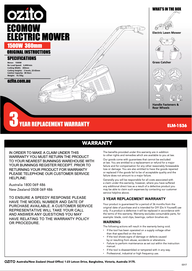 Page 1 de la notice Mode d'emploi Ozito ELM-1536