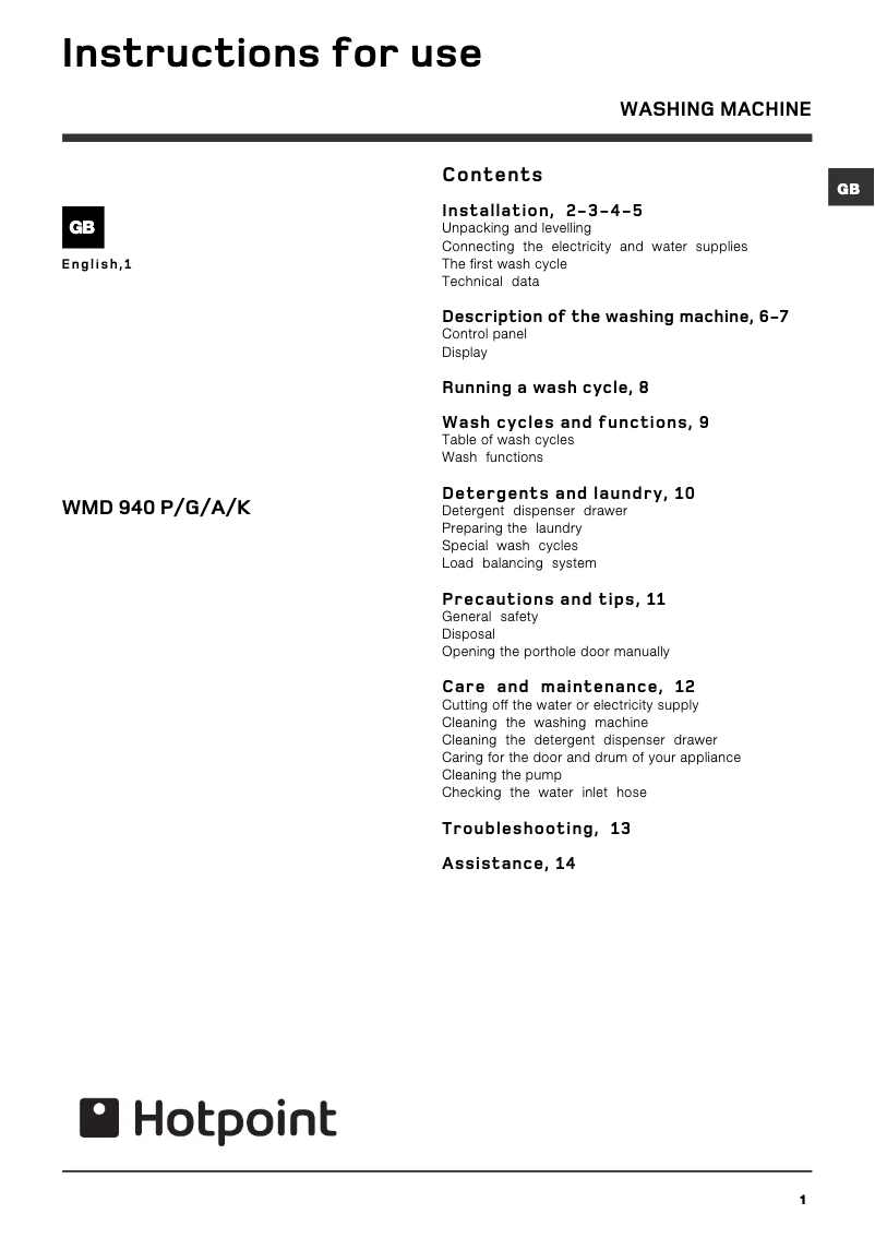 Page 1 de la notice Manuel utilisateur Hotpoint WMD940A