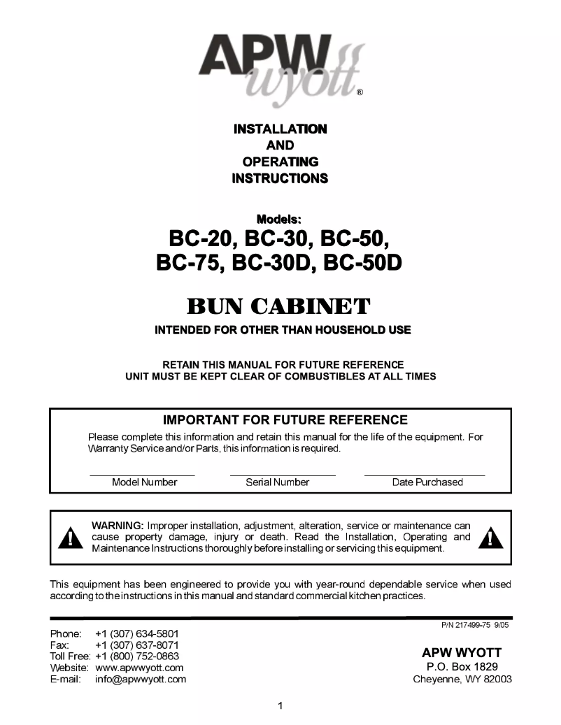 Page 1 de la notice Manuel utilisateur APW Wyott BC-20