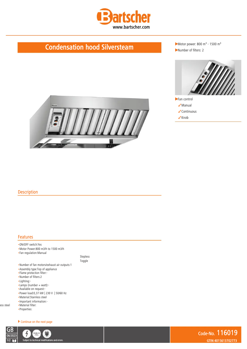 Page 1 de la notice Fiche technique Bartscher 116019