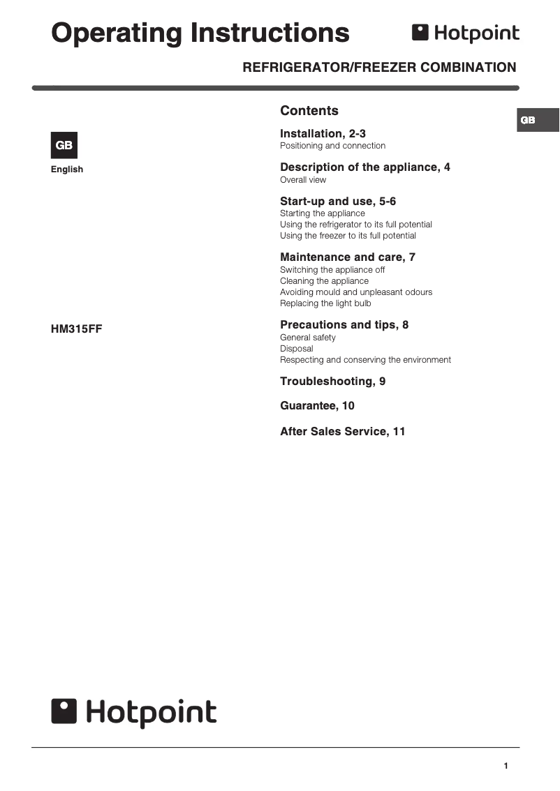 Page 1 de la notice Manuel utilisateur Hotpoint HM315FF
