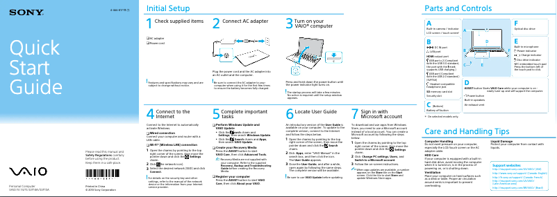Page 1 de la notice Guide d'installation Sony Vaio Fit 14 SVF14A17CXS
