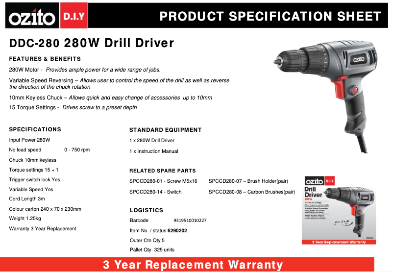 Página 1 del manual Ficha técnica Ozito DDC-280