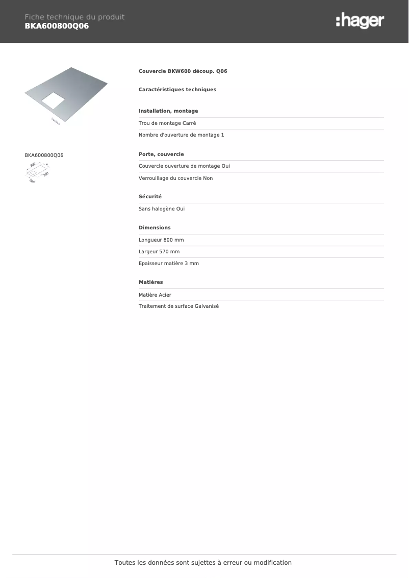 Page 1 de la notice Fiche technique Hager BKA600800Q06