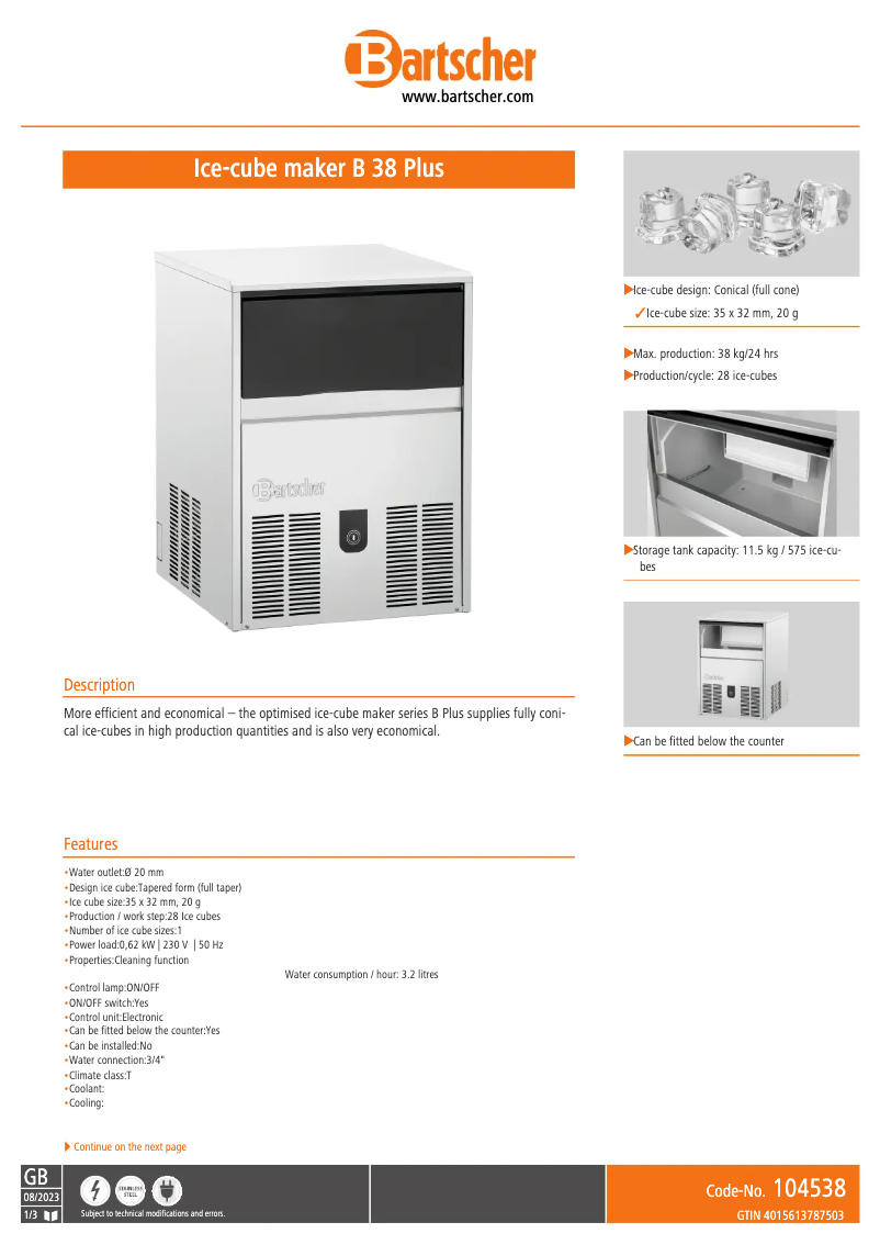 Page 1 de la notice Fiche technique Bartscher B 38 Plus