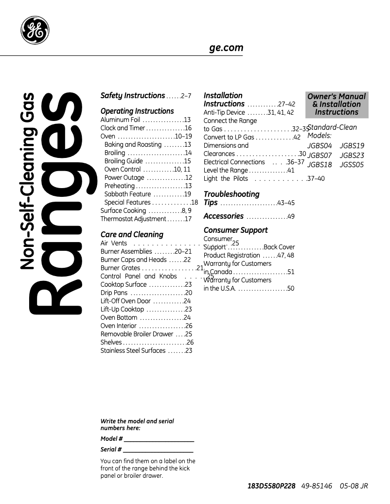 Page 1 of the manual Use and Maintenance Manual GE JGBS18DENWW