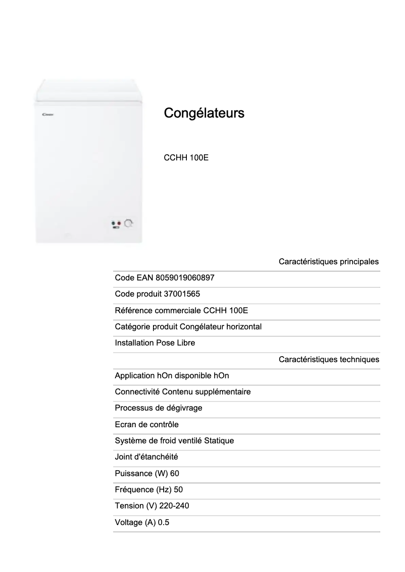 Page 1 de la notice Fiche technique Candy CCHH 100E